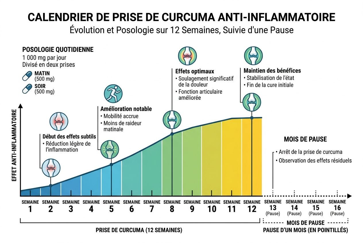 Calendrier de prise de curcuma anti-inflammatoire montrant l’évolution sur 12 semaines et une pause éventuelle, avec pictogrammes et étape de saw. Courbe indiquant effets anti-inflammatoires, mobilité et maintien des bénéfices, et posologie quotidienne divisée en matin et soir.