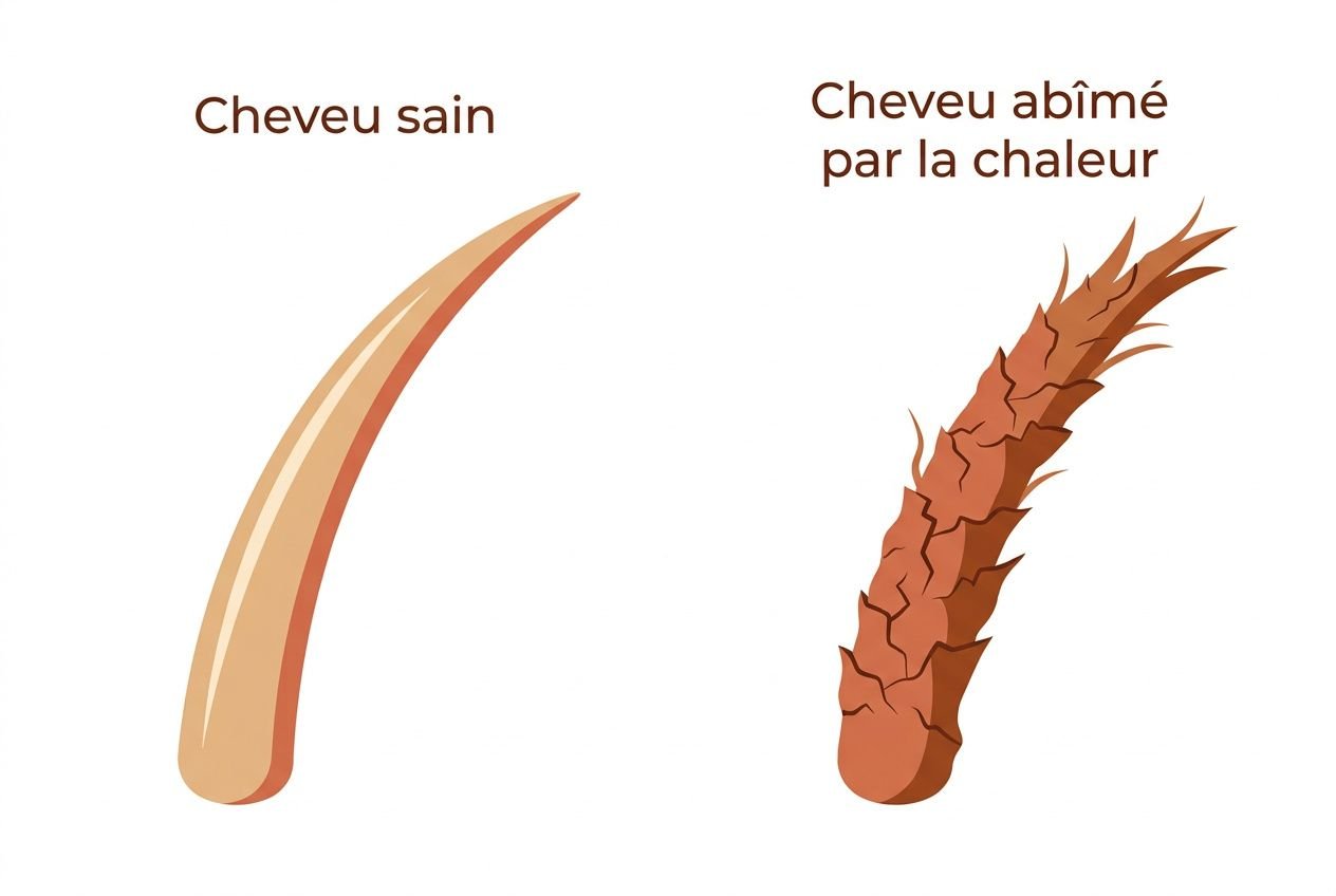 Cheveu sain à gauche et cheveu abîmé par la chaleur à droite, illustration comparative pour comprendre les dommages capillaires. code: comment réparer cheveux abimes.
