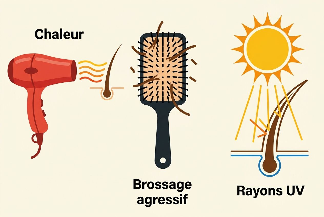 Cheveux cassants causes : illustration montrant chaleur, brossage agressif et rayons UV affectant les cheveux.