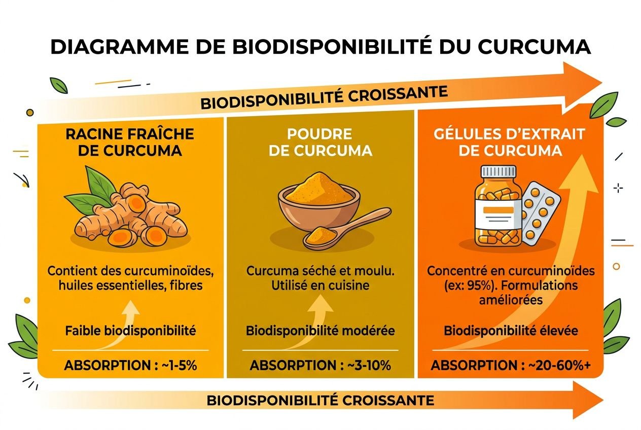 Diagramme de biodisponibilité du curcuma illustrant origine, poudre et gélules d’extrait de curcuma avec absorption croissante et biodisponibilité faible à élevée, en lien avec les bienfaits d’une curcuma anti-inflammatoire recette.