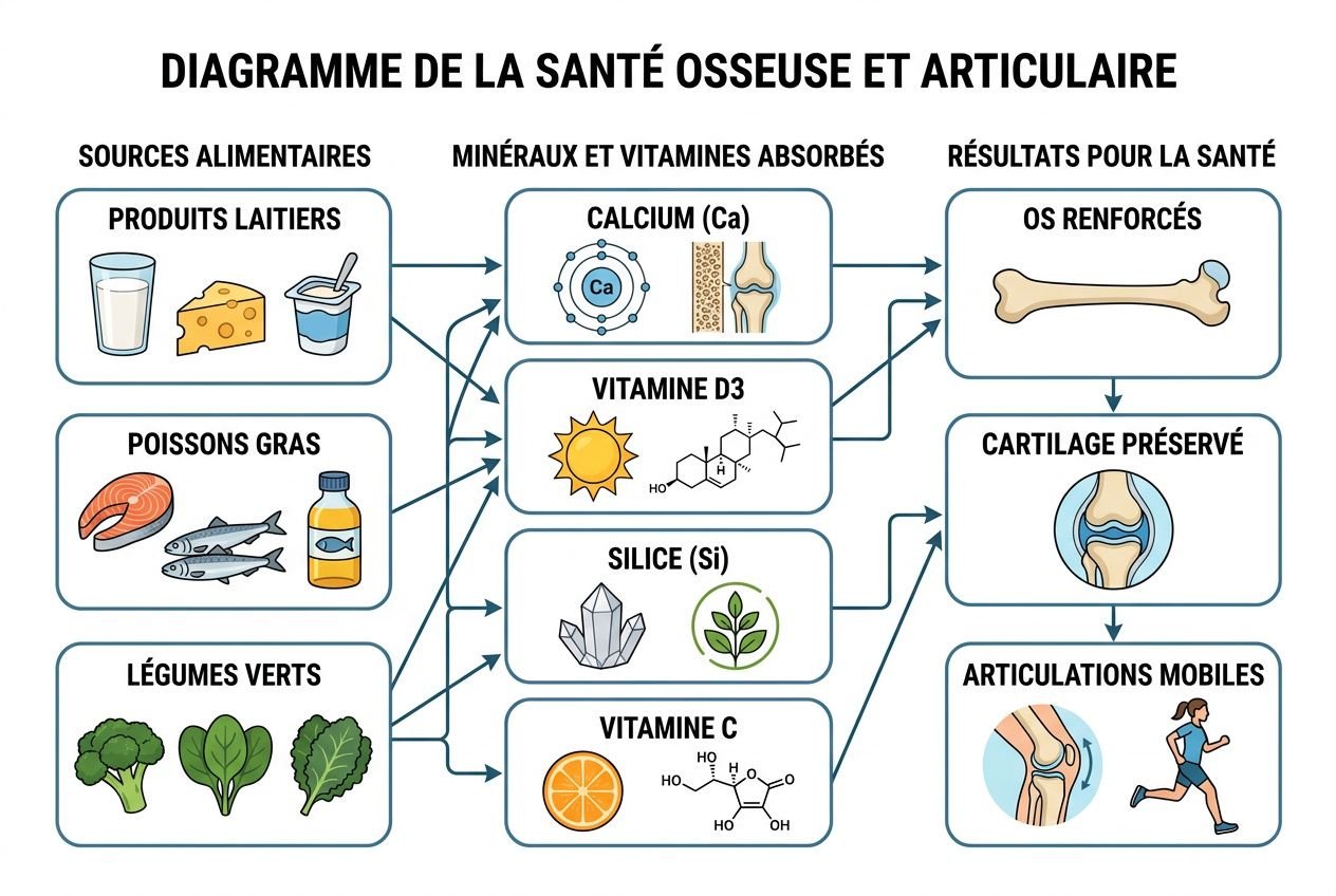 Diagramme de la santé osseuse et articulaire montrant sources alimentaires et minéraux absorbés, résultats pour la santé: os renforcés, cartilage préservé et articulations mobiles. Inclut compléments alimentaire articulations naturel et exemples: calcium, vitamine D3, silice, vitamine C.