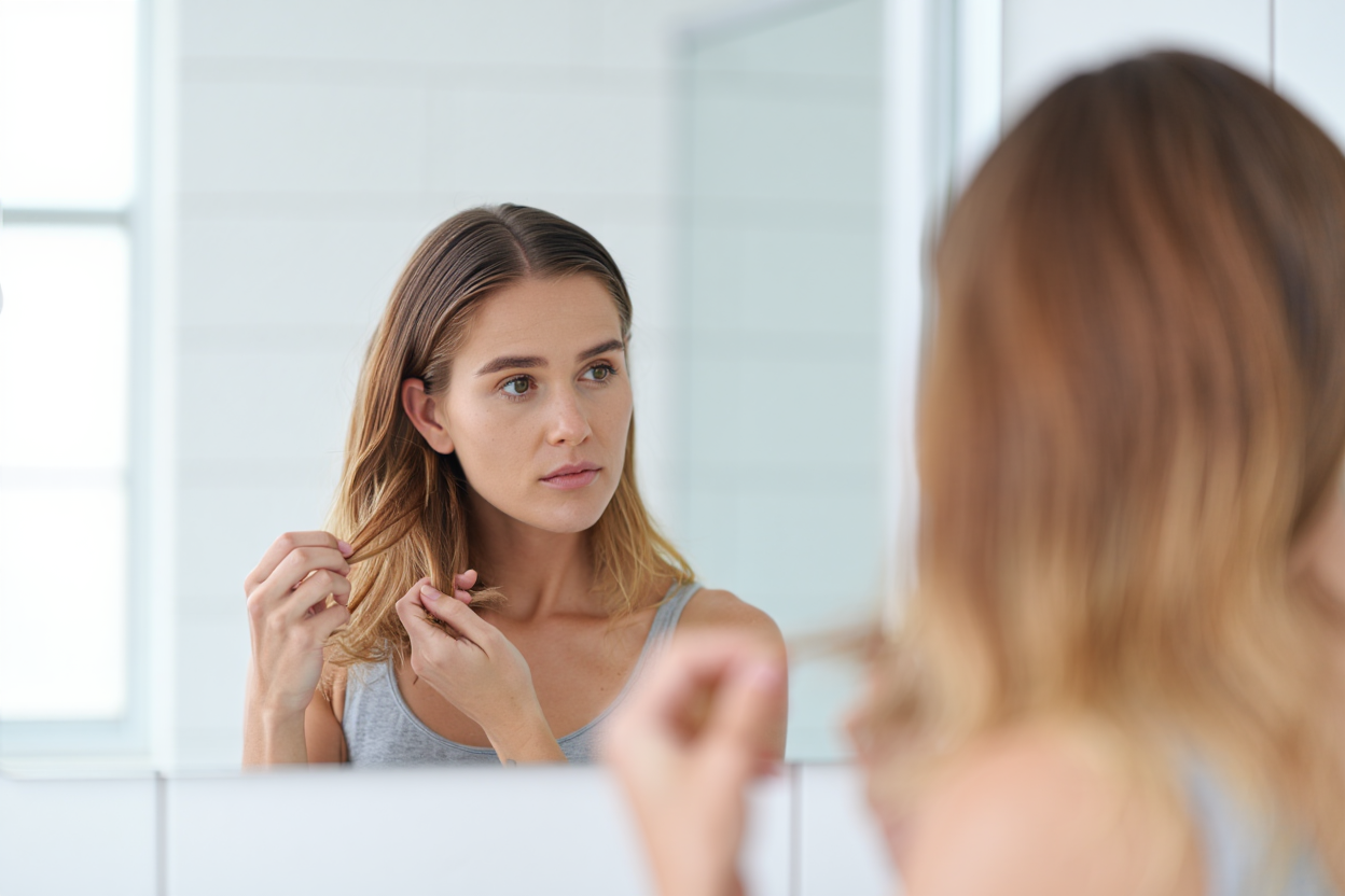 Femme regardant ses cheveux dans un miroir, inspectant des mèches, expression sérieuse sur les cheveux cassants et leurs causes.