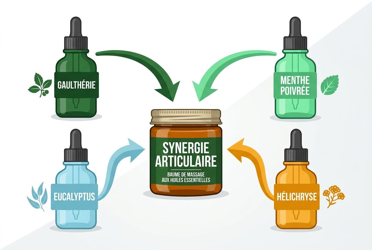 Flaconote d'huiles essentielles autour d'un pot central "Synergie articulaire" avec gaulthérie, eucalyptus citronné, hélichryse et menthe poivrée.