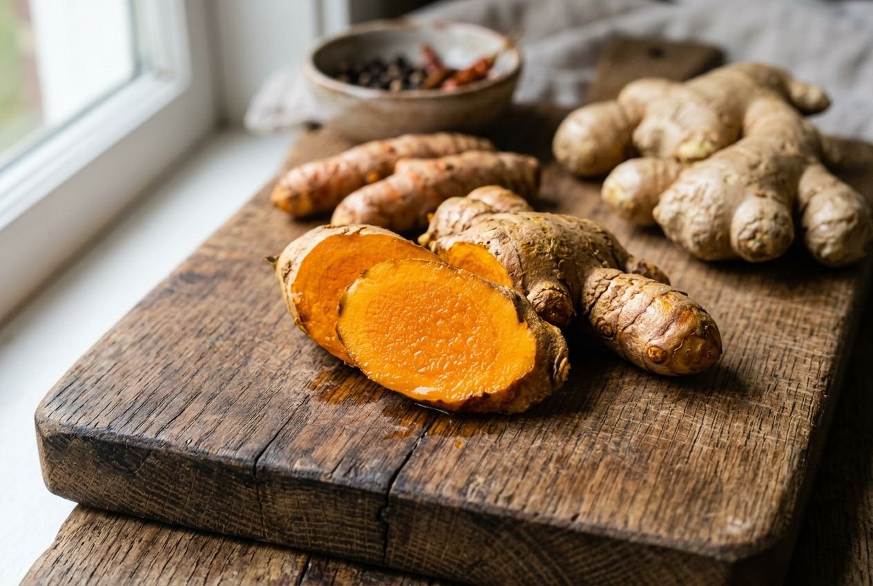 Gros plan sur du curcuma frais coupé en deux, avec des racines entières sur une planche en bois et un bol d’épices en arrière-plan. curcuma anti-inflammatoire recette émulée naturellement.