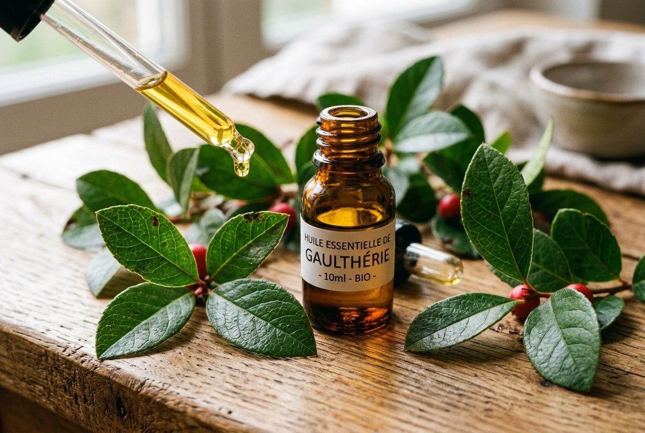 Huile essentielle de gaulthérie en flacon avec compte-gouttes et feuilles vertes, scène naturelle pour huiles essentielles pour articulations douloureuses.
