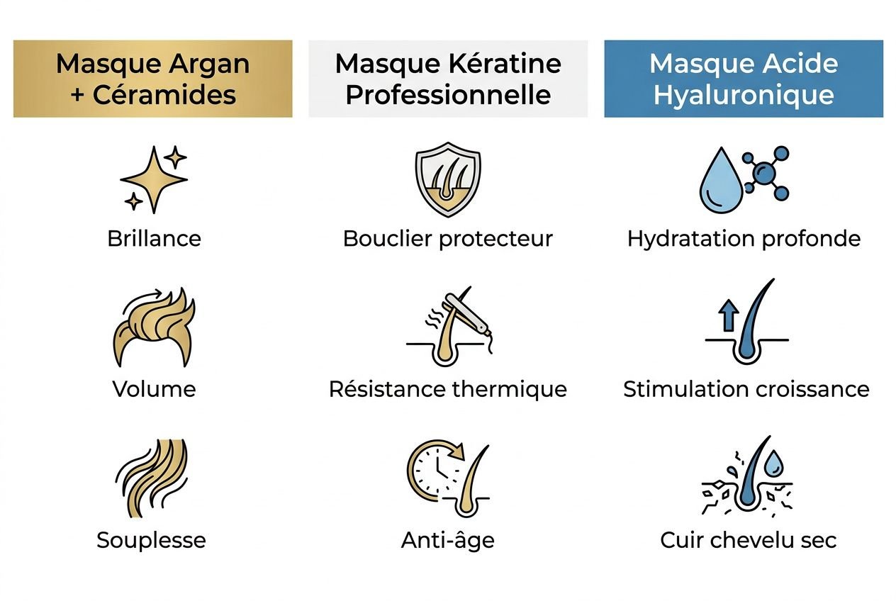 Illustration comparant trois masques cheveux secs: Argan + Céramides, Kératine Professionnelle, et Acide Hyaluronique avec icônes de brillance, bouclier, hydratation, volume, résistance thermique, stimulation, souplesse, anti-âge et cuir chevelu sec. Intègre le mot-clé meilleur masque cheveux secs.