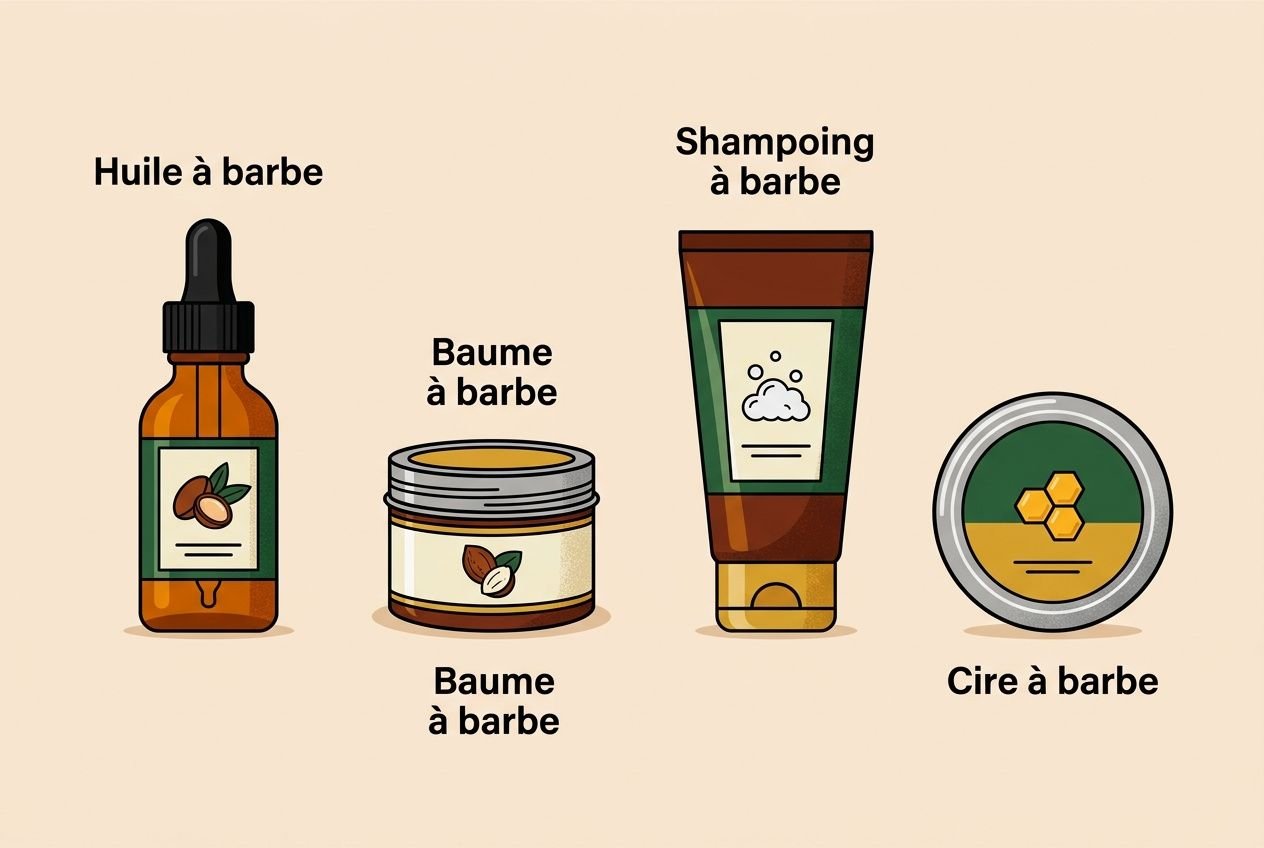 Illustration d’une routine barbe homme: huile à barbe, baume et baume à barbe, shampoing à barbe et cire à barbe, tous les produits d’un kit entretien barbe.
