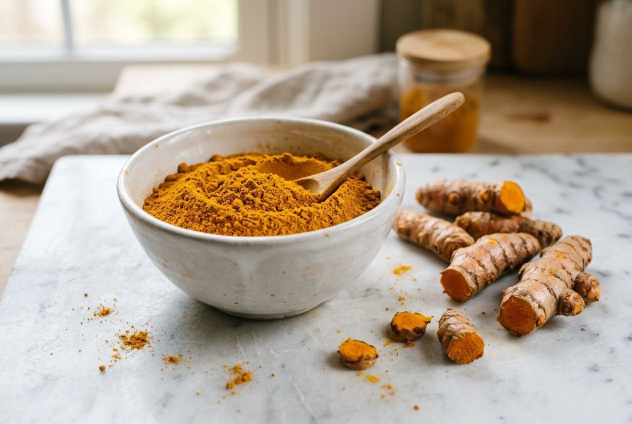 Poudre de curcuma dorée dans un bol, morceau de racine de curcuma à côté, curcuma anti-inflammatoire arthrose pour soulager la douleur articulaire.