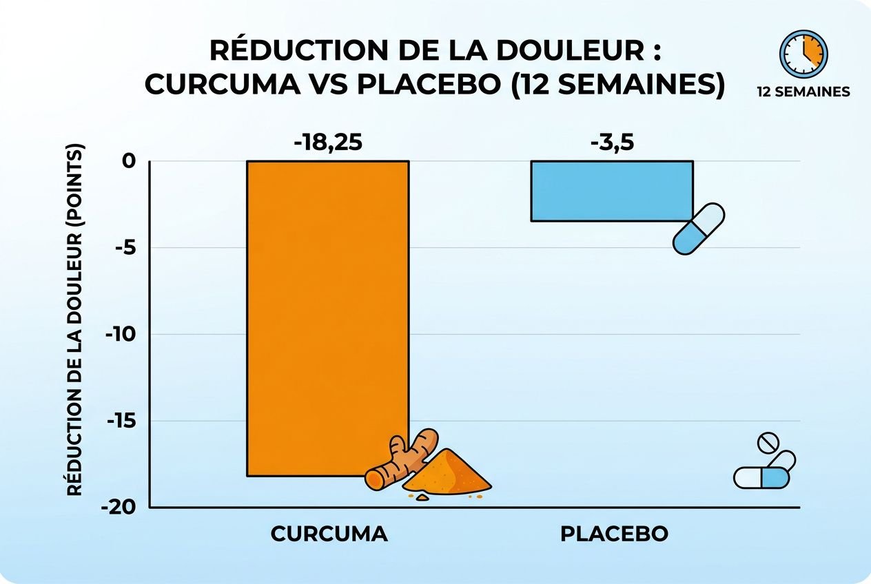 Réduction de la douleur: curcuma montre une grande baisse par rapport au placebo, curcuma > placebo avec pictogrammes. curcuma anti-inflammatoire arthrose.