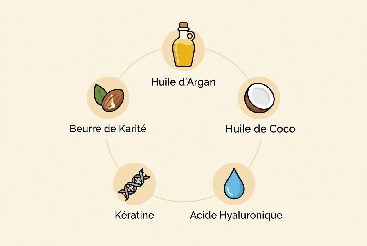 Schéma circulaire des ingrédients: Huile d'Argan, Huile de Coco, Acide Hyaluronique, Kératine, Beurre de Karité. Meilleur masque cheveux secs.