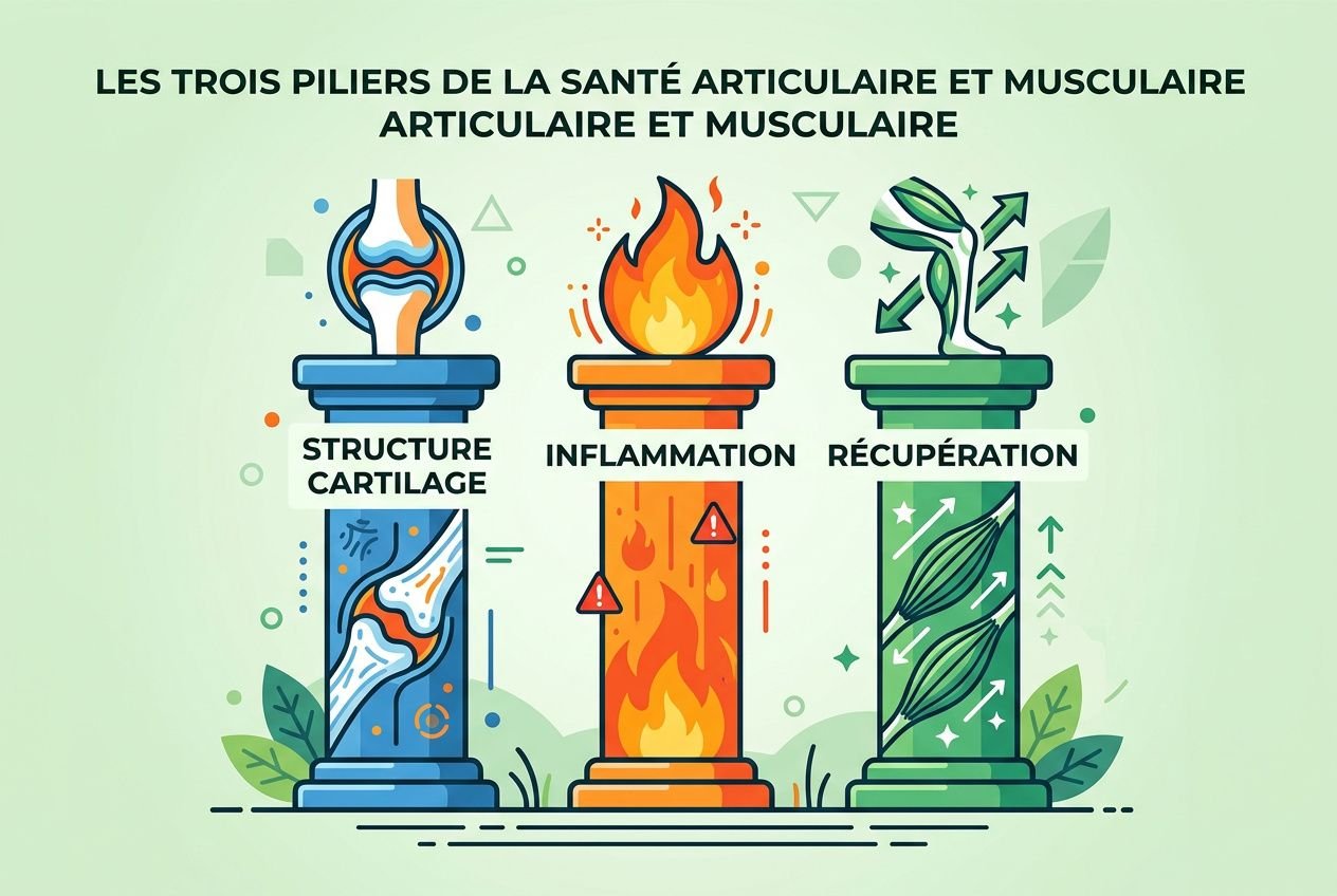 Trois piliers de la santé articulaire: structure cartilage, inflammation et récupération, illustration colorée des colonnes symbolisant ces axes.